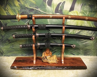 Stunning Rustic 4 Tier Red Cedar and Cherry Samurai Sword Display Stand Perfect Collectors Gift