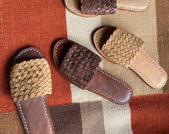 native flat slip ons with woven leather strips