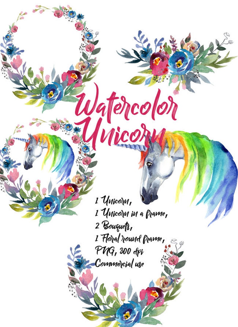 Download Boho Digital Floral Images For Wedding Invitation Watercolor Unicorn With Bouquets Digital Clipart 300 Dpi Png Without Background Clip Art Art Collectibles Delage Com Br