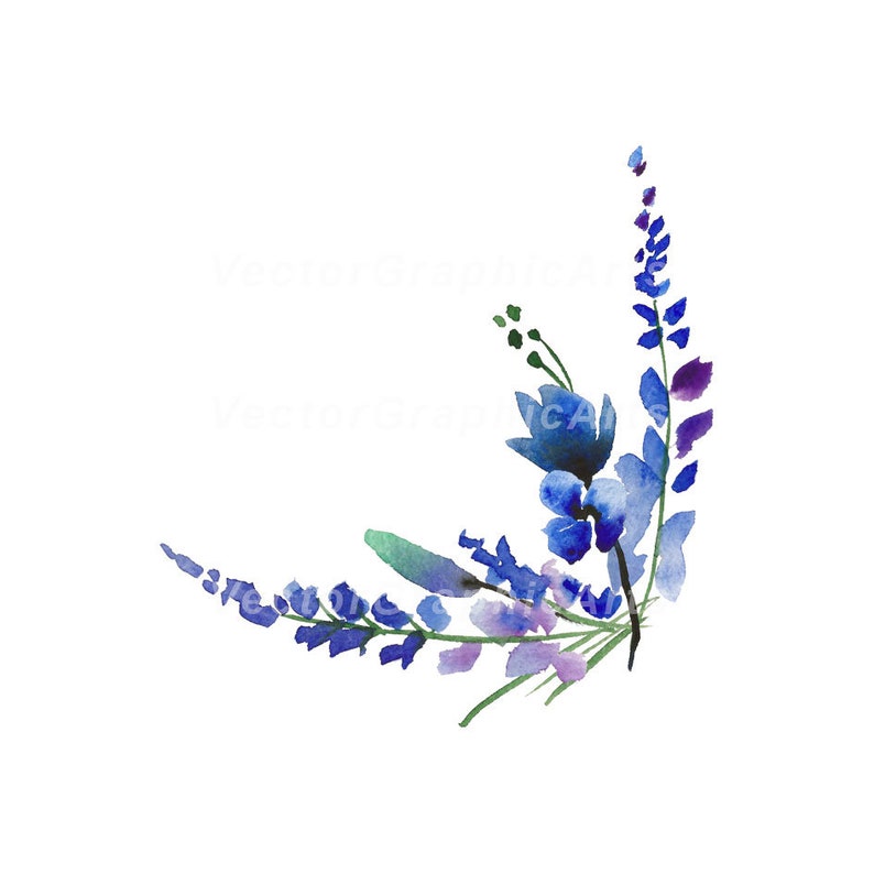 Corner of Lavender Blue Flowers. Watercolor floral clipart 1 | Etsy