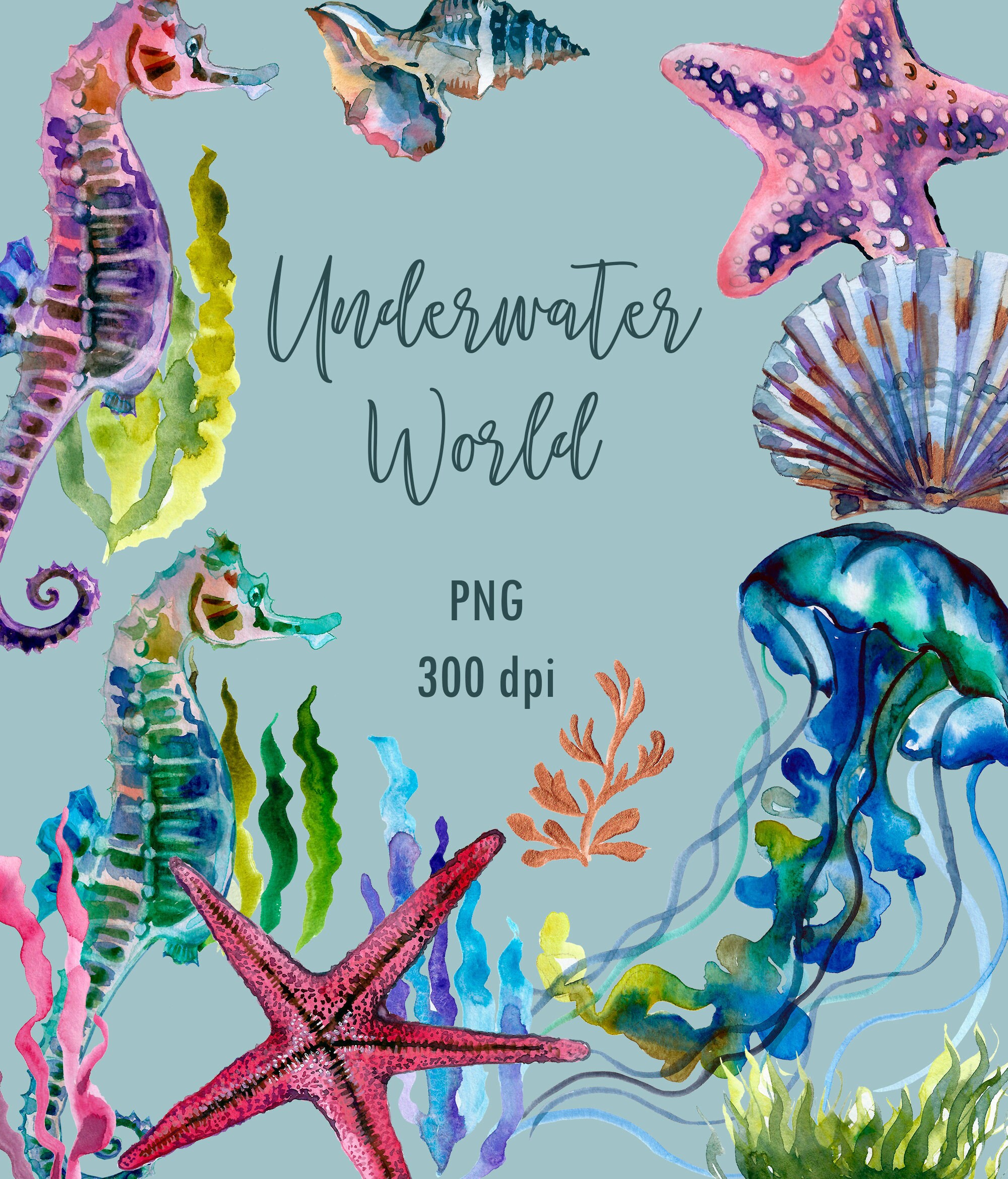 Watercolor Ocean Underwater World Clipart Watercolor Sea | Etsy