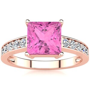 14K Yellow Gold Square Step Cut 1 7/8 Ct Pink Topaz and Diamond Ring