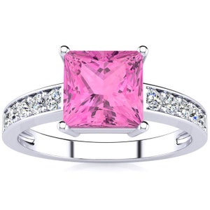 14K White Gold Square Step Cut 1 7/8 Ct Pink Topaz and Diamond Ring