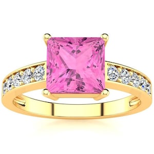 14K Yellow Gold Square Step Cut 1 7/8 Ct Pink Topaz and Diamond Ring