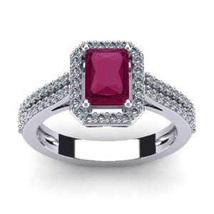 14K White Gold 1.50 CT Emerald Cut Ruby And Halo Diamond  Ring, Available In Sizes 4 - 9.5