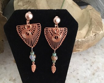 Rose Gold Finish Dangle Earrings, Boho Style Earrings, Rose Gold Filigree Feather Earrings