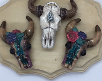 Boho Bull Magnets for the Refrigerator! Polymer Clay Magnet. Hand Sculpted for a personal touch. Support Hand made items.