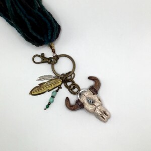 Bull Skull Keychain Boho Style with a 6 inch soft Yarn Tassel. Polymer Clay Keychain. image 5