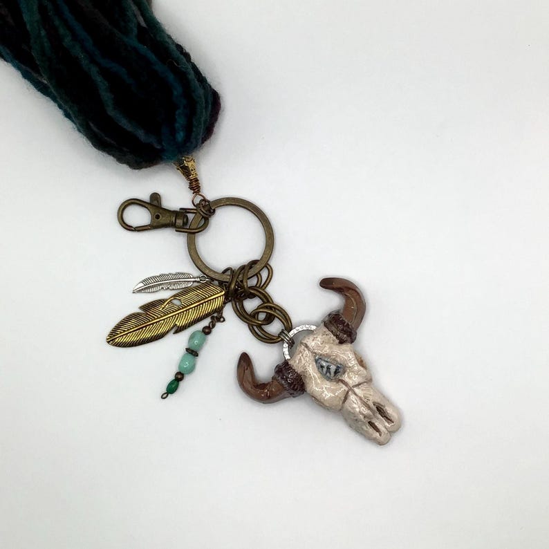 Bull Skull Keychain Boho Style with a 6 inch soft Yarn Tassel. Polymer Clay Keychain. image 5