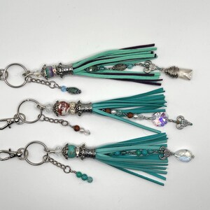 Leather Fringed Keychain, Crystal Turquoise Handbag Charm, Elegant Bling Accessory