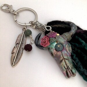 Bull Skull Keychain Boho Style with a 6 inch soft Yarn Tassel. Polymer Clay Keychain. image 10
