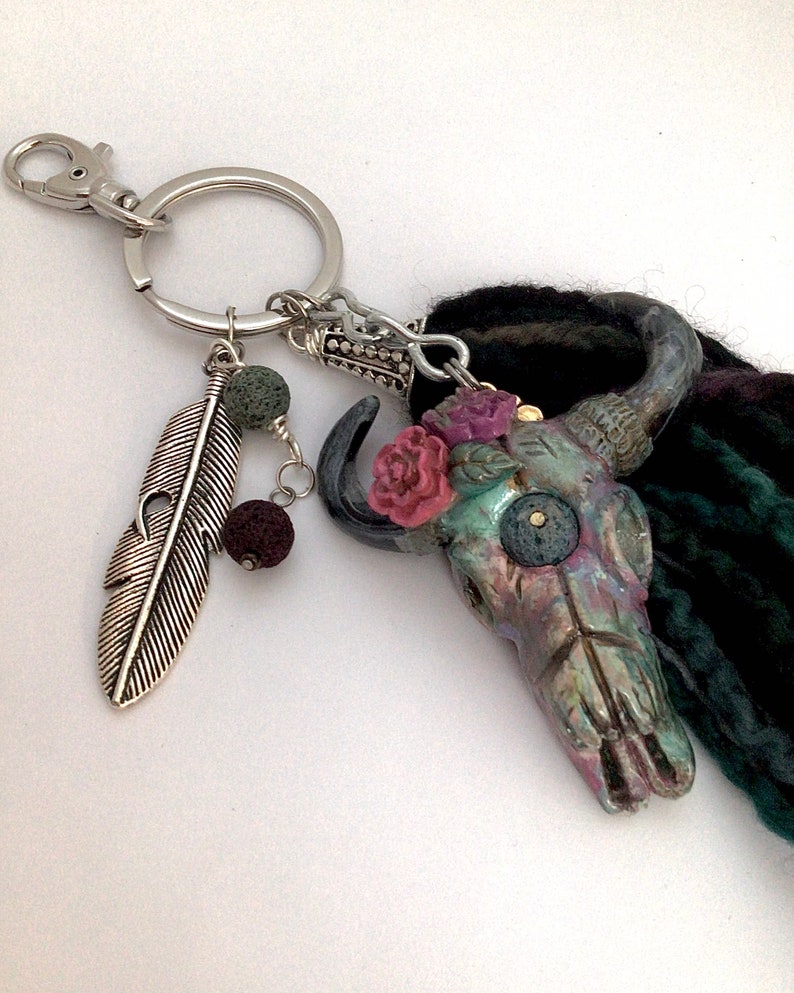 Bull Skull Keychain Boho Style with a 6 inch soft Yarn Tassel. Polymer Clay Keychain. image 10