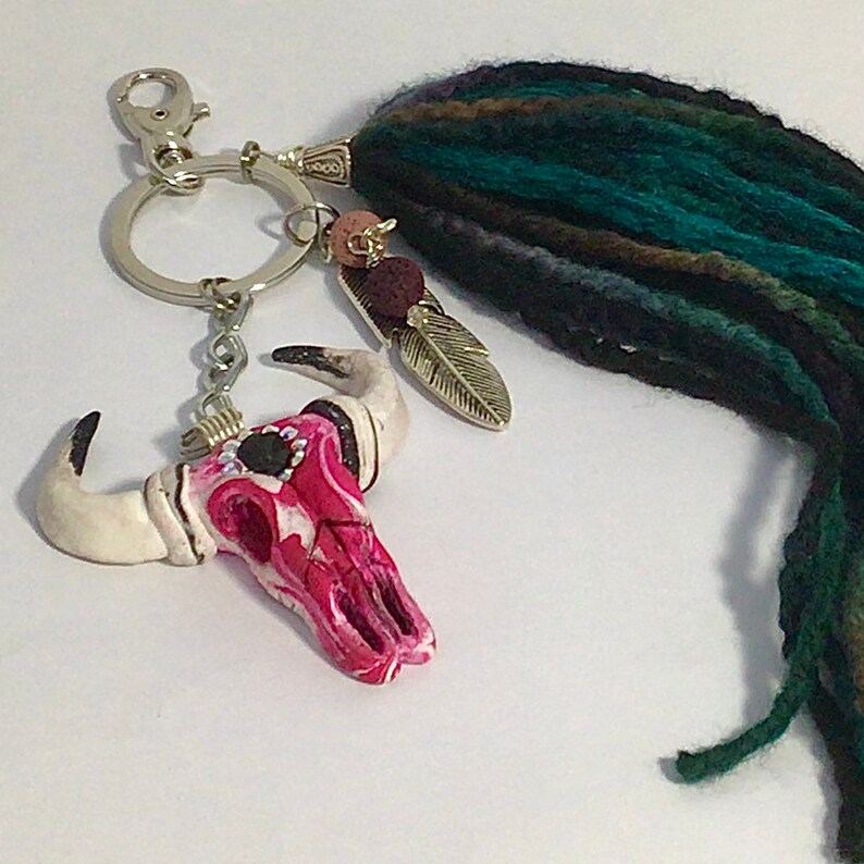 Bull Skull Keychain Boho Style with a 6 inch soft Yarn Tassel. Polymer Clay Keychain. image 9
