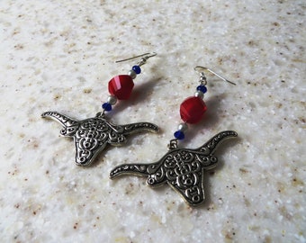 Dangle Longhorn Bull Earrings, Metal Bull Charm Earrings, Red,White,Blue, Western Style