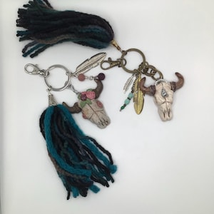 Bull Skull Keychain Boho Style with a 6 inch soft Yarn Tassel. Polymer Clay Keychain. image 3