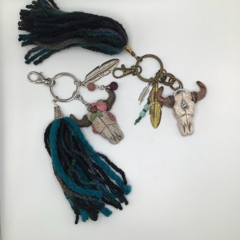 Bull Skull Keychain Boho Style with a 6 inch soft Yarn Tassel. Polymer Clay Keychain. image 3