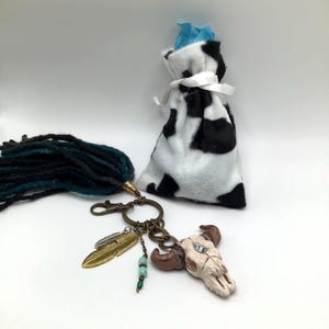 Bull Skull Keychain Boho Style with a 6 inch soft Yarn Tassel. Polymer Clay Keychain. image 6