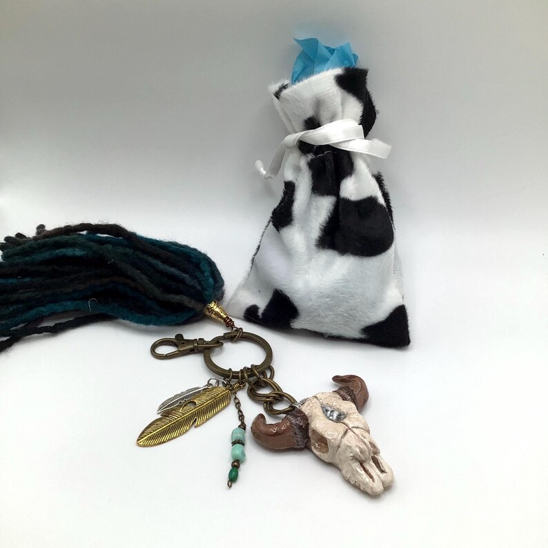 Bull Skull Keychain Boho Style with a 6 inch soft Yarn Tassel. Polymer Clay Keychain. image 6