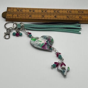Heart Polymer Clay Keychain, Turquoise Leather Tassel, Beaded Purse Charm, handbag charm
