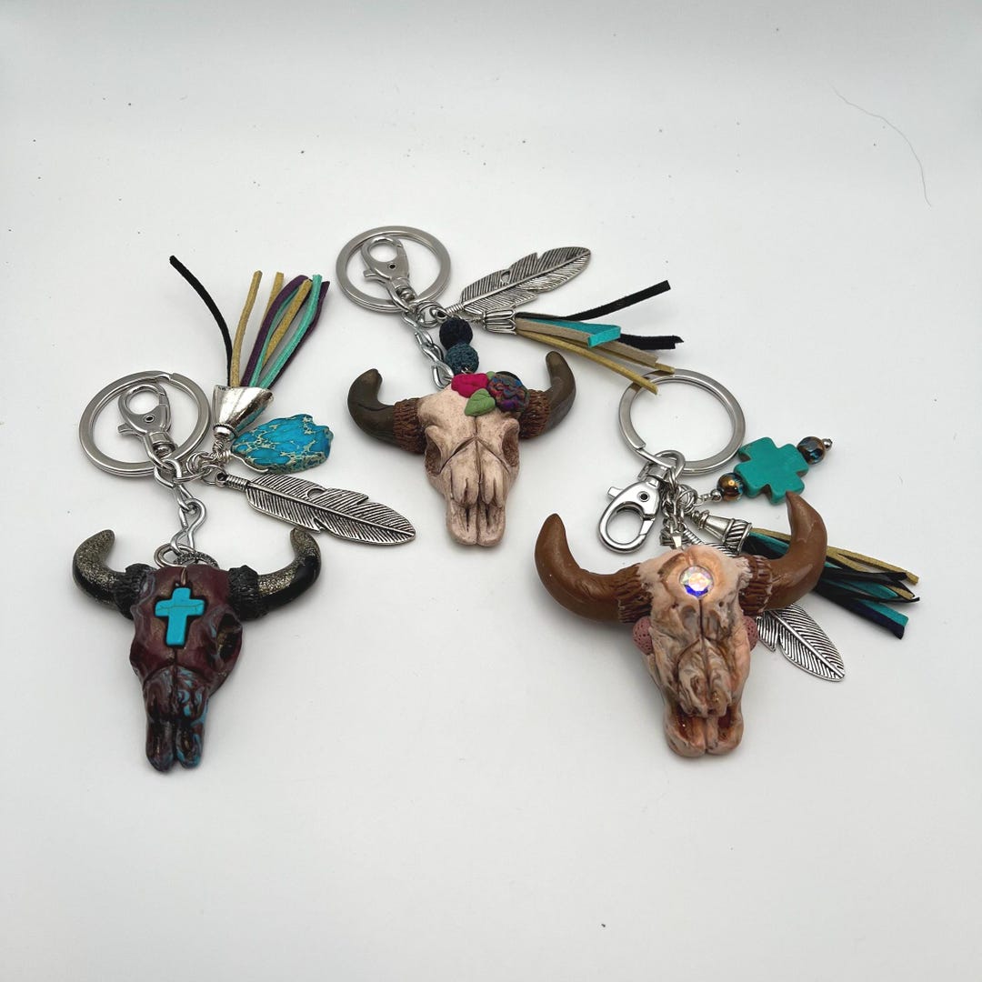 Bull Skull Keychain, Western Rodeo Style,polymer Clay Handmade. 1 1/2 ...