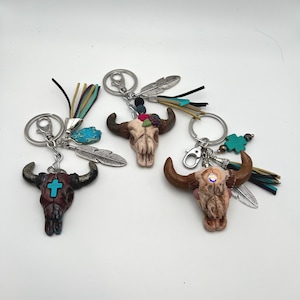 Bull Skull Keychain, Western Rodeo Style,Polymer Clay Handmade. 1 1/2 inch in diameter