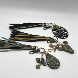 Mokume-gane Polymer Clay Keychain, Boho Tassel Charm, handbag charm