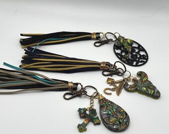 Mokume-gane Polymer Clay Keychain, Boho Tassel Charm, handbag charm