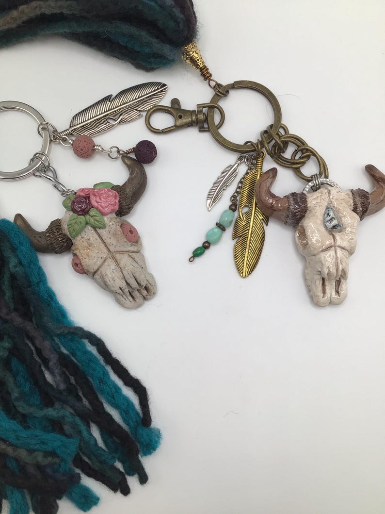 Bull Skull Keychain Boho Style with a 6 inch soft Yarn Tassel. Polymer Clay Keychain. image 1