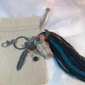 Bull Skull Keychain Boho Style with a 6 inch soft Yarn Tassel. Polymer Clay Keychain. image 2