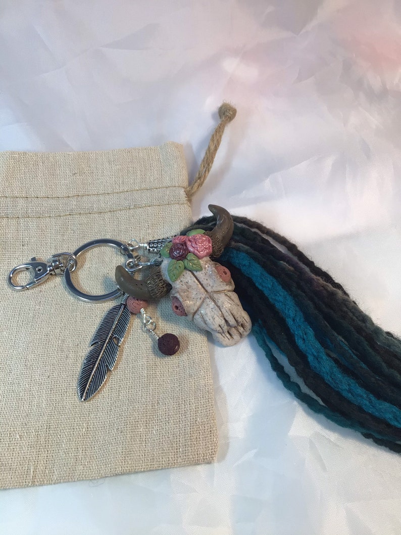Bull Skull Keychain Boho Style with a 6 inch soft Yarn Tassel. Polymer Clay Keychain. image 2