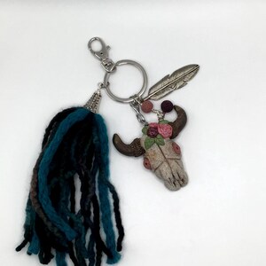 Bull Skull Keychain Boho Style with a 6 inch soft Yarn Tassel. Polymer Clay Keychain. image 4