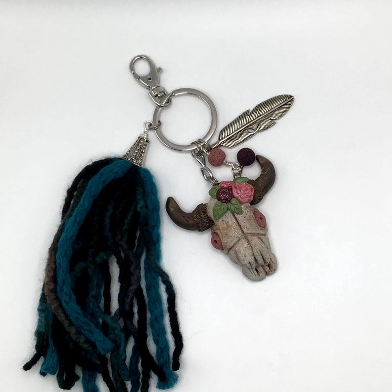 Bull Skull Keychain Boho Style with a 6 inch soft Yarn Tassel. Polymer Clay Keychain. image 4