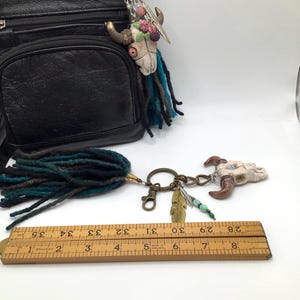 Bull Skull Keychain Boho Style with a 6 inch soft Yarn Tassel. Polymer Clay Keychain. image 8