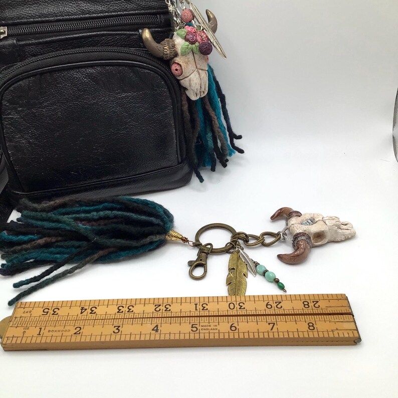 Bull Skull Keychain Boho Style with a 6 inch soft Yarn Tassel. Polymer Clay Keychain. image 8