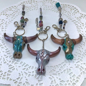 Boho Bull Skull Keychain, Western Rodeo Purse Charm with Lava Beads