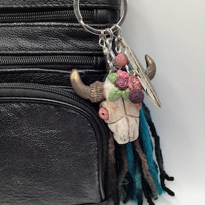 Bull Skull Keychain Boho Style with a 6 inch soft Yarn Tassel. Polymer Clay Keychain. image 7