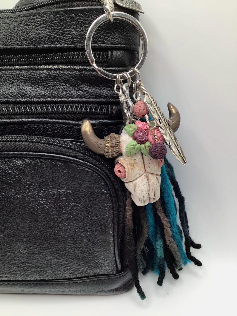 Bull Skull Keychain Boho Style with a 6 inch soft Yarn Tassel. Polymer Clay Keychain. image 7