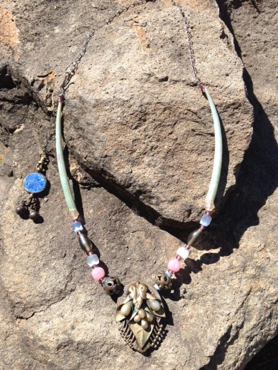 Vintage Antique Elements Shells Lapis Necklace wi… - image 1