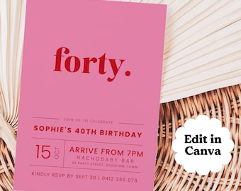 40th Birthday Invitation | Any Age | Forty Birthday Party Invite | Instant Download | Phone Invite | Editable Canva Invite | Red and Pink