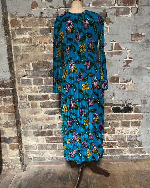 1970s blue floral velvet shirred evening, floor l… - image 3