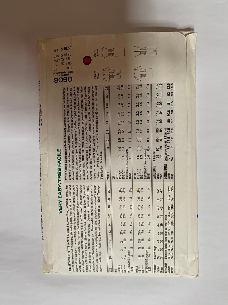 very easy Vogue 1991 Vogue Vintage pattern Size 6-8-10