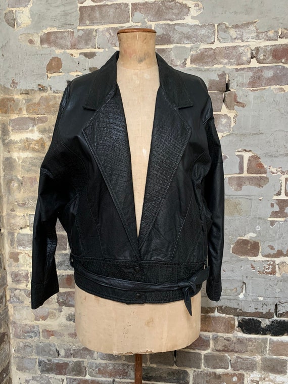 1980s black leather unisex jacket, boxy, big, dolm