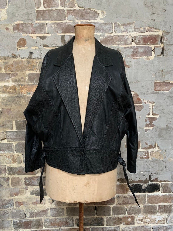 1980s black leather unisex jacket, boxy, big, dol… - image 2