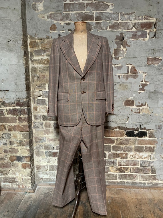 1970s two piece suit, brown orange check, 40”/38”