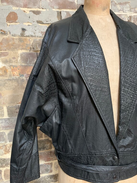 1980s black leather unisex jacket, boxy, big, dol… - image 4