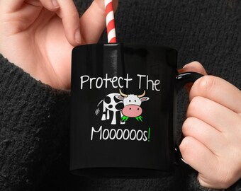 Protect The Mooos! Vegan Black Ceramic Coffee Mug #2, Vegan Mugs, Coffee Mugs With Sayings, Gifts For Vegans, Cow Gifts, Vegan Protest Cup