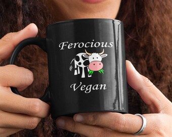 Ferocious Vegan Cow Black Ceramic Coffee Mug #2, Vegan Mugs, Coffee Mugs With Sayings, Gifts For Vegans, Cow Gifts, Vegan Protest Cup