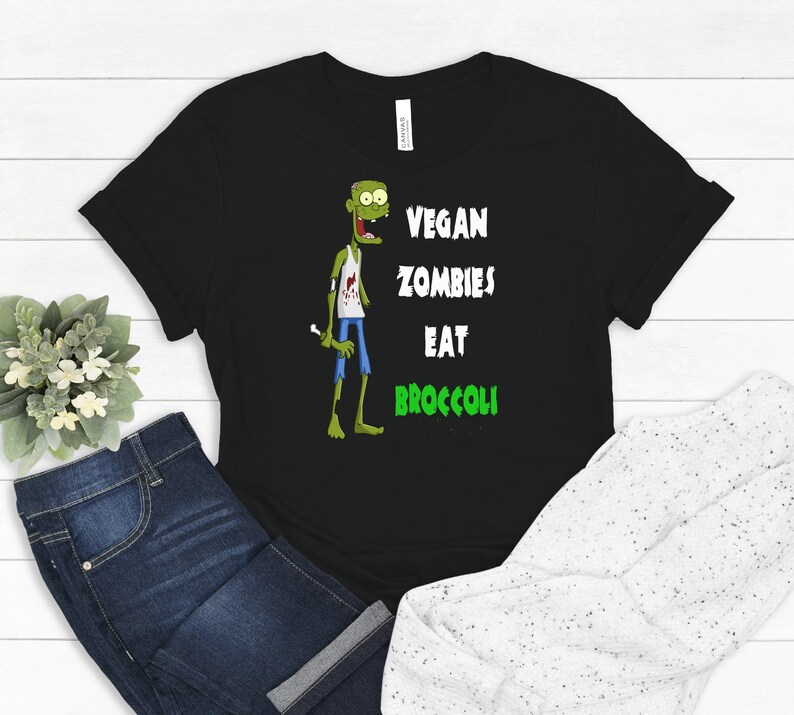 Vegan Zombies Eat Broccoli Shirt, Vegan Halloween Tee, Vegan Zombie, Zombie Broccoli Shirt, Vegan for Life Shirt, Vegan Lifestyle Shirt image 1