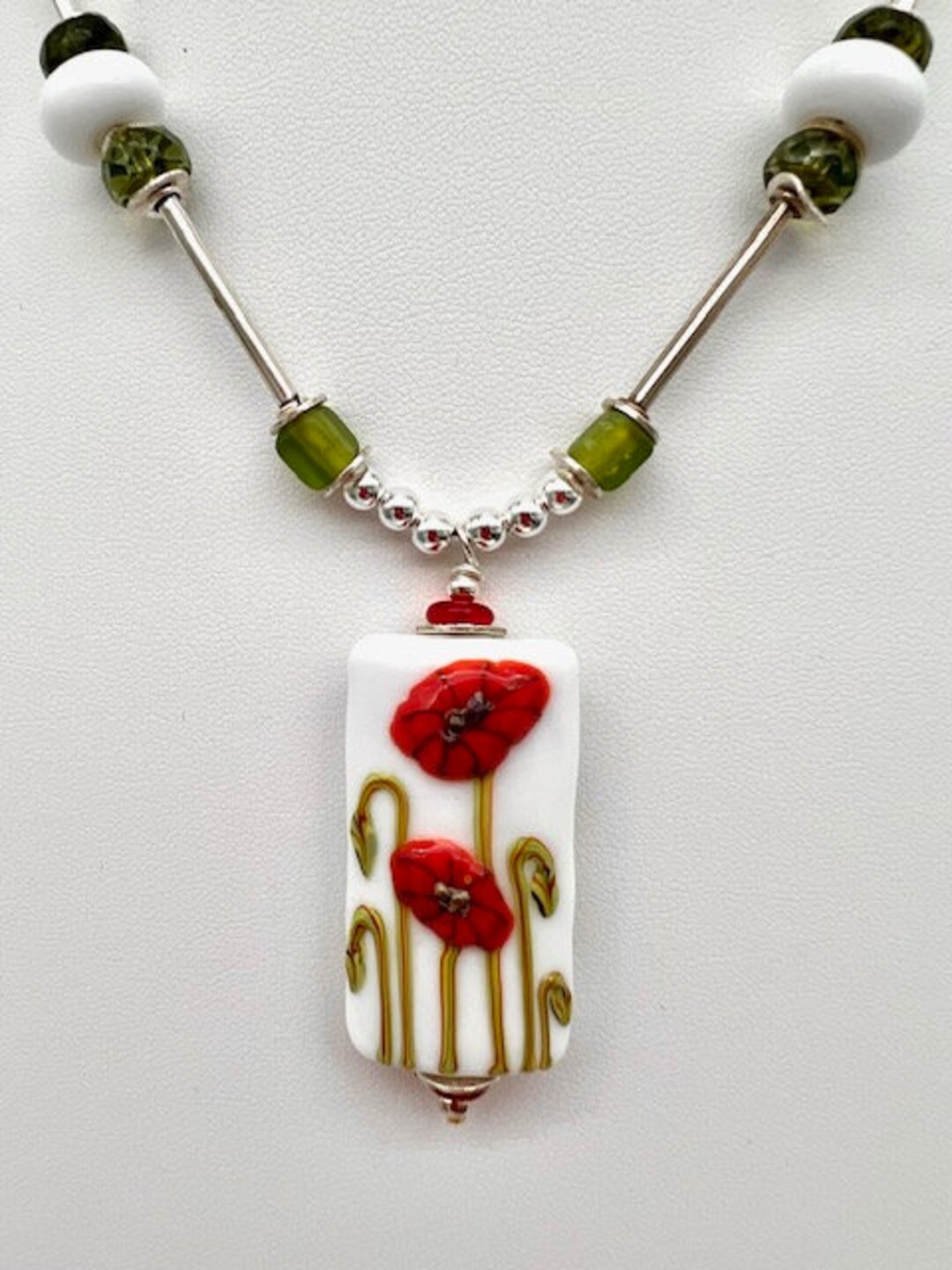 Fire Engine Poppy Fire Engine Red Poppies on Olive Green Stems on a Lampwork Focal Bead ...