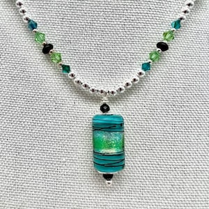 Aqua Blue, and Green Dichroic Barrel Lampwork Focal Bead on an 18&quot; Beaded Necklace (Handcrafted)
